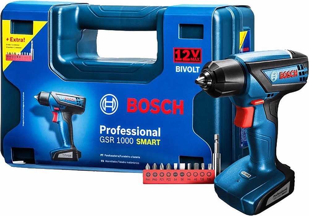 FURADEIRA PARAFUSADEIRA À BATERIA GSR1000 SMART 12V BIVOLT COM 10 PEÇAS - BOSCH - FG