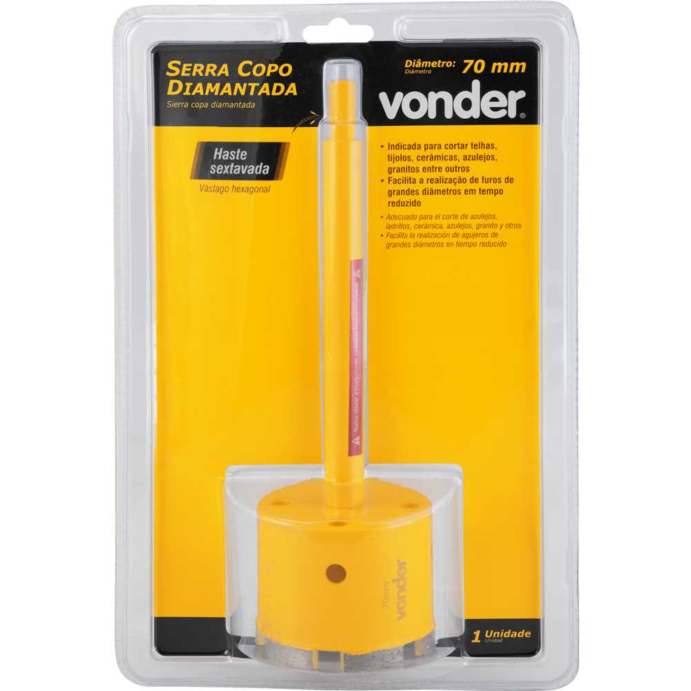 Serra copo diamantada 70 mm com haste VONDER - Ferramentas Gerais