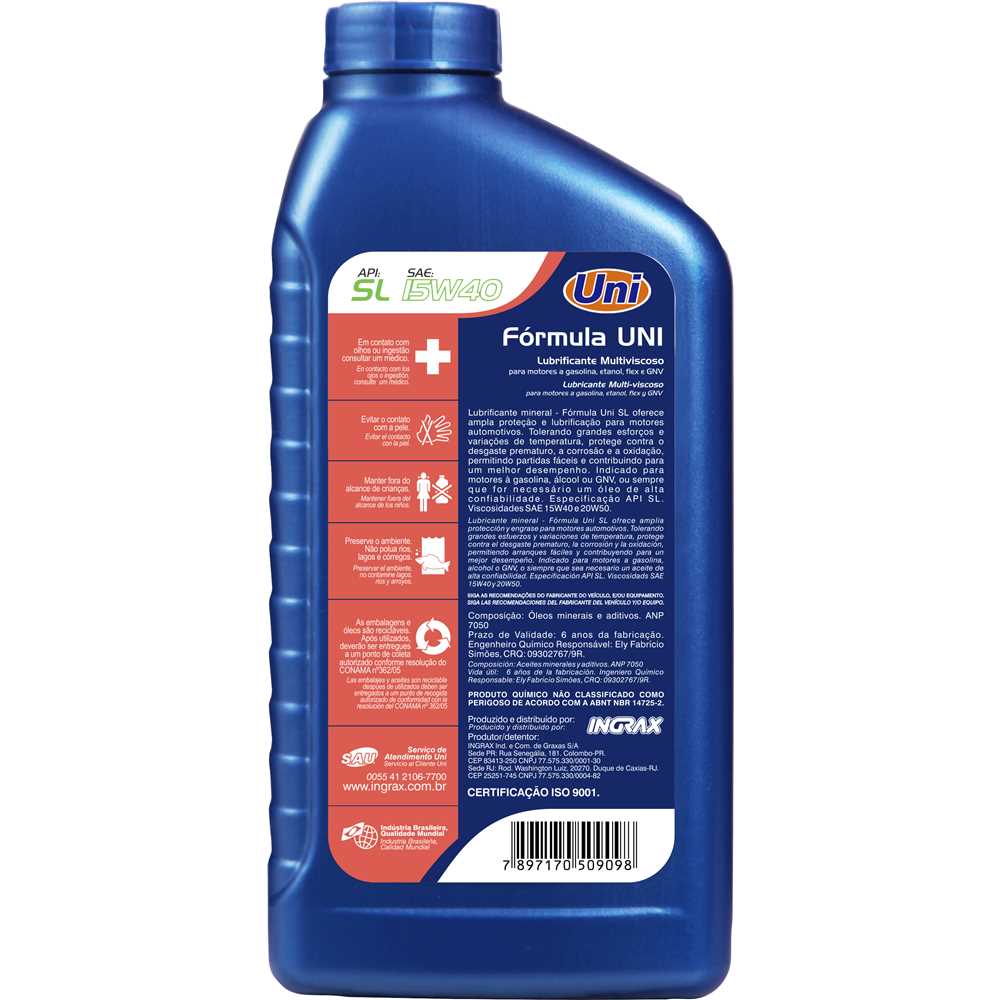 Óleo lubrificante Uni SL 15W 40 1 litro - INGRAX - Ferramentas Gerais