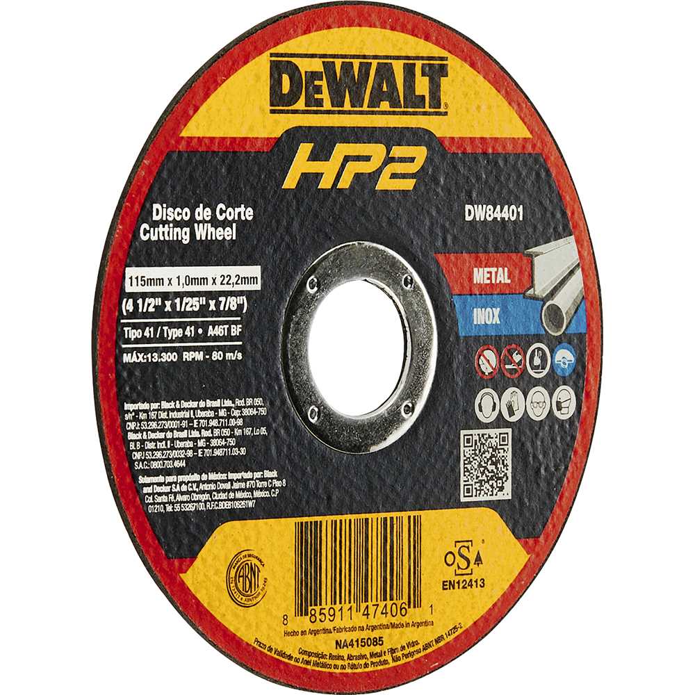 Disco de corte 115 mm x 1,0 mm x 22,23 mm DW84401 HP2 - DEWALT