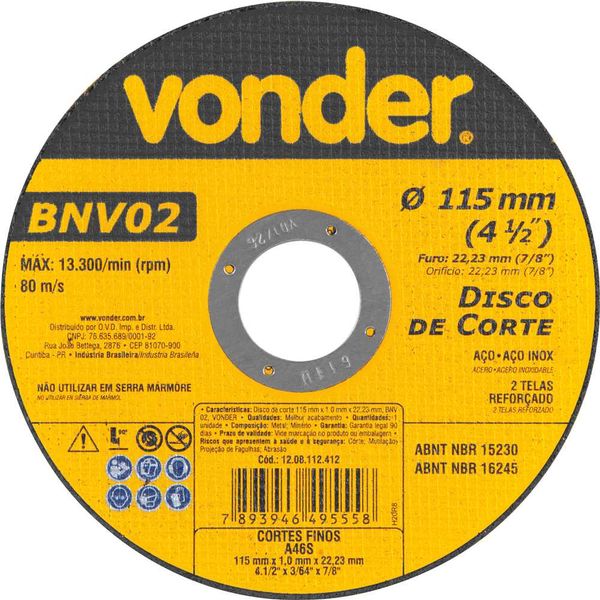 Disco de Corte para Aço Uso Geral 115mmx1,0mmx22,23mm BNV02 - VONDER
