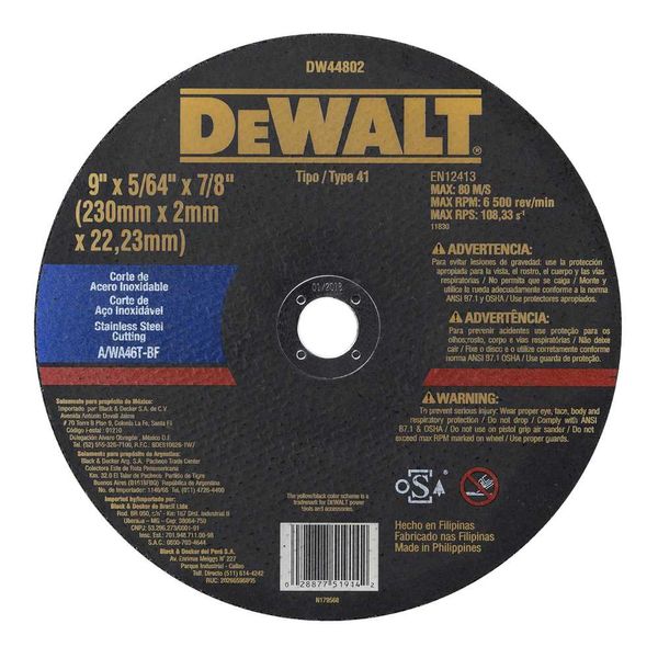 Disco de corte 230mmx2,0mmx22,23mm para aço e inox corte fino DW44802 DEWALT