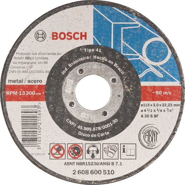 Disco de corte 115 mm x 3,0 mm x 22,2 mm 2608600510 - BOSCH