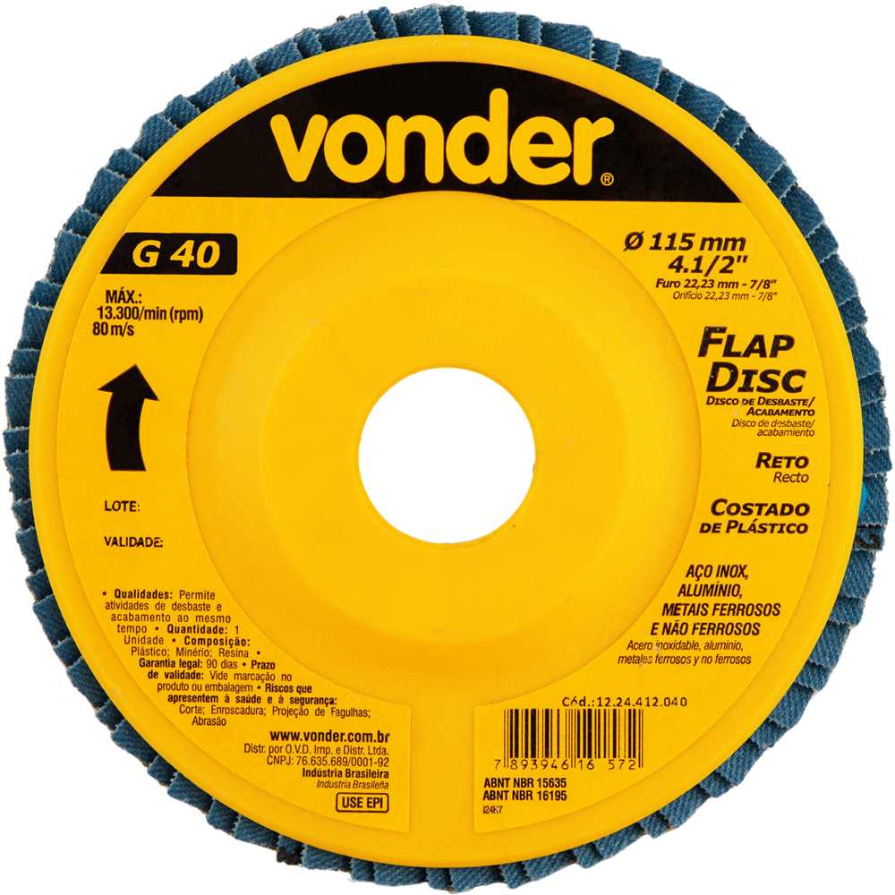Disco de Lixa Flap Disc 4.1/2" Grão 40 Reto 1224412040 VONDER