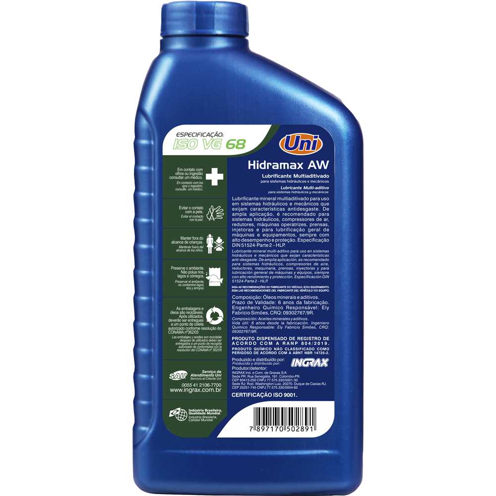 Óleo para sistemas hidráulicos AW 68 1 litro - INGRAX