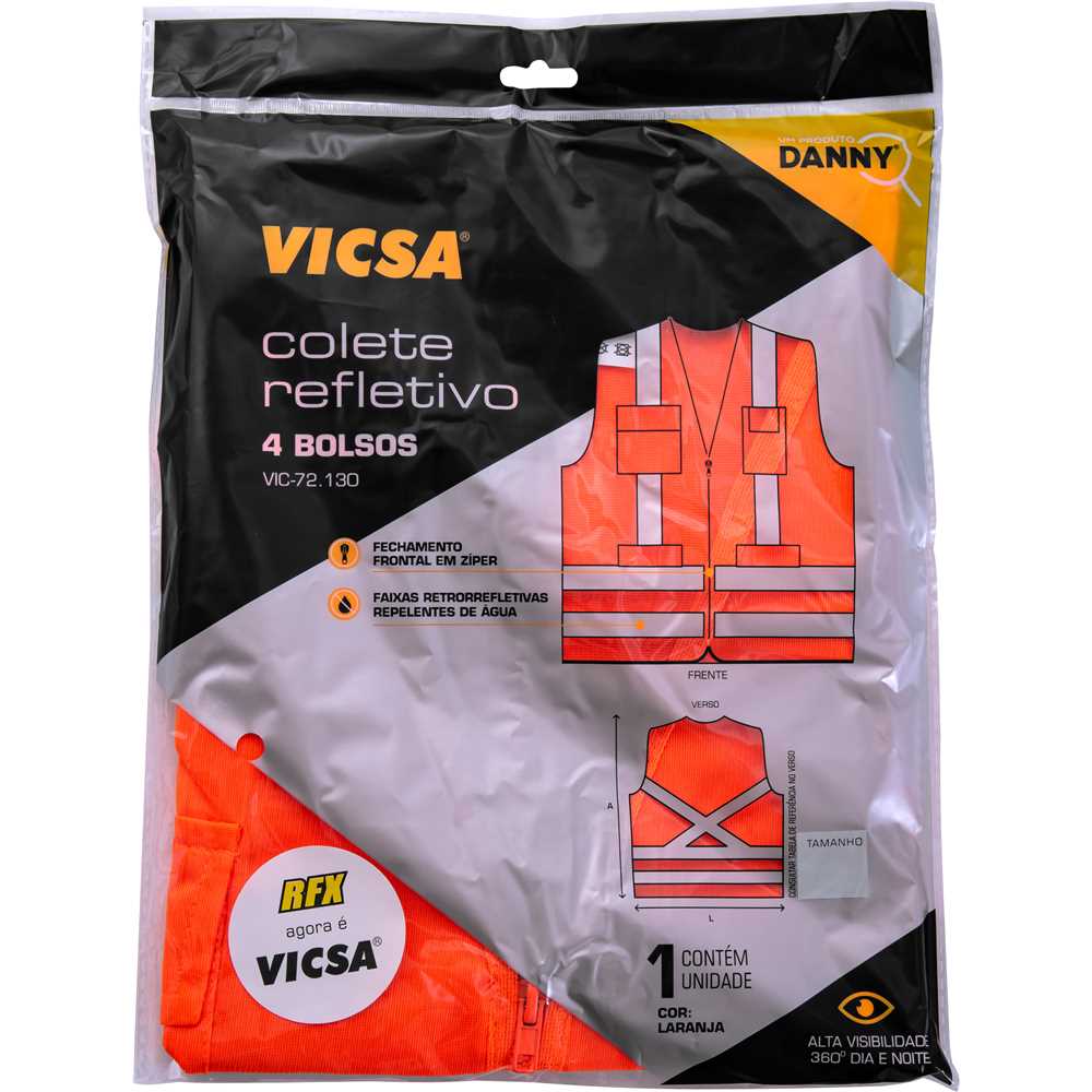 Colete Sinalização com 4 Bolsos Reflexivo Laranja Tam. G Vic72130