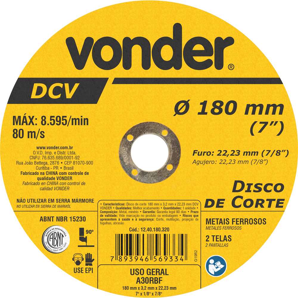 Disco de Corte 180 mm x 3,2 mm x 22,23 mm DCV - VONDER